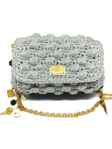 Dainty Dolce & Gabbana Crochet Silver Flap Shoulder Bag w/ Charms on Chain Strap