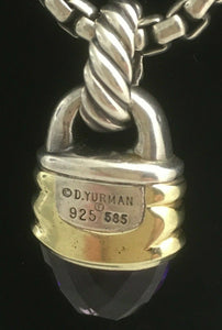 David Yurman Silver and 14 kt Gold Pendant with Amethyst and Silver Box Chain