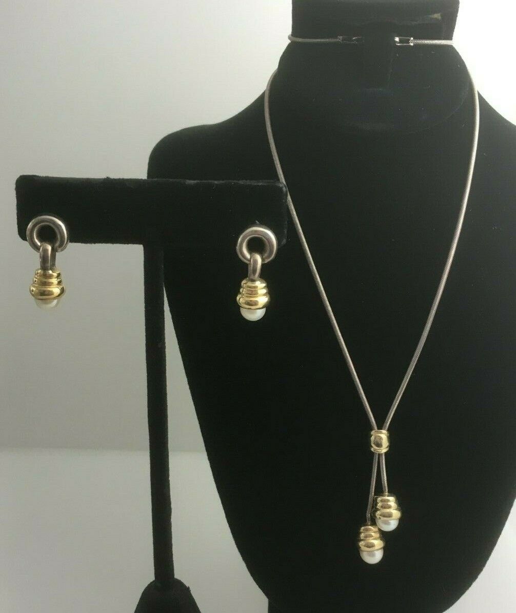 Silver and Pearl Drop Necklace and Earrings Set